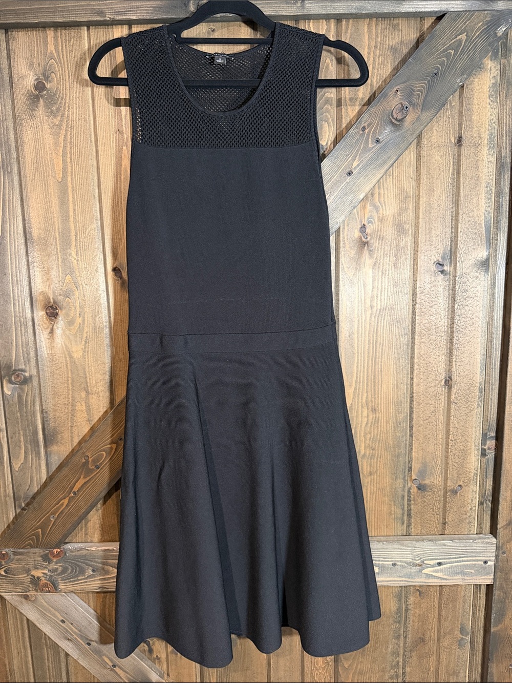 Anne Klein Black Sleeveless Mesh Yoke Flared Midi Dress